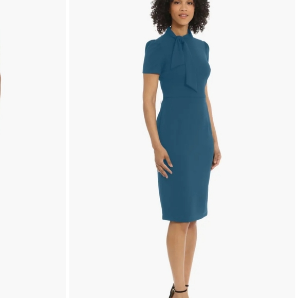 Maggy London Tie Neck Teal Dress - Picture 1 of 4